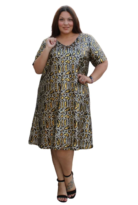 Yellow/Brown/Black Sequin Leopard T-Shirt Dress, 3XL-- Sequined Glittery Shiny