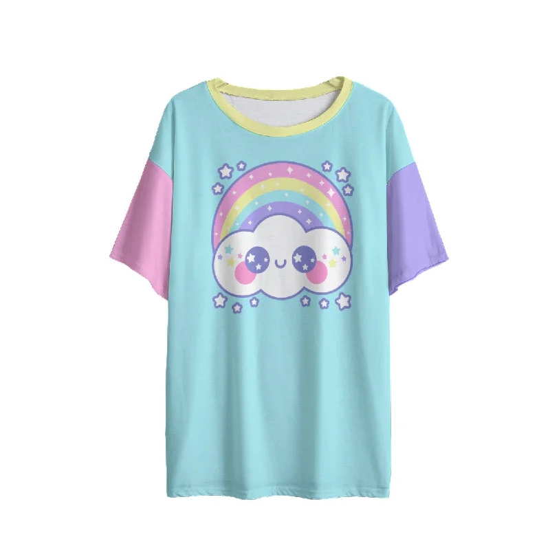 Happy Rainbow Cloud Blue Women's Drop Shoulder T-Shirt-- Anti-Pilling Machine Wash Handmade Happy Rainbow Cloud Blue Women's Drop Shoulder T-Shirt-- Anti-Pilling Machine Wash Handmade