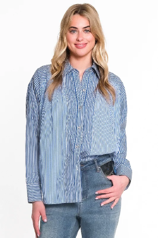 Blue Mixed Stripe Shirt-- Cotton Fabric Linen Fabric Terry Fabric