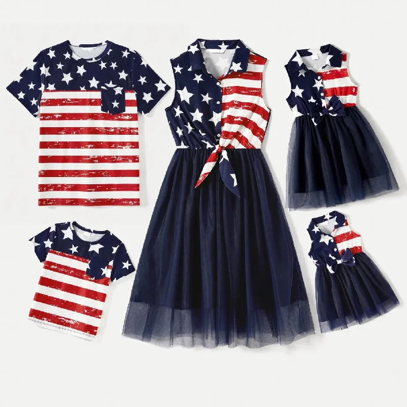 4th of July Family Matching Dress Bowknot Shirts Set Stripe Star Outfit-- Solid Color Striped Floral 4th of July Family Matching Dress Bowknot Shirts Set Stripe Star Outfit-- Solid Color Striped Floral