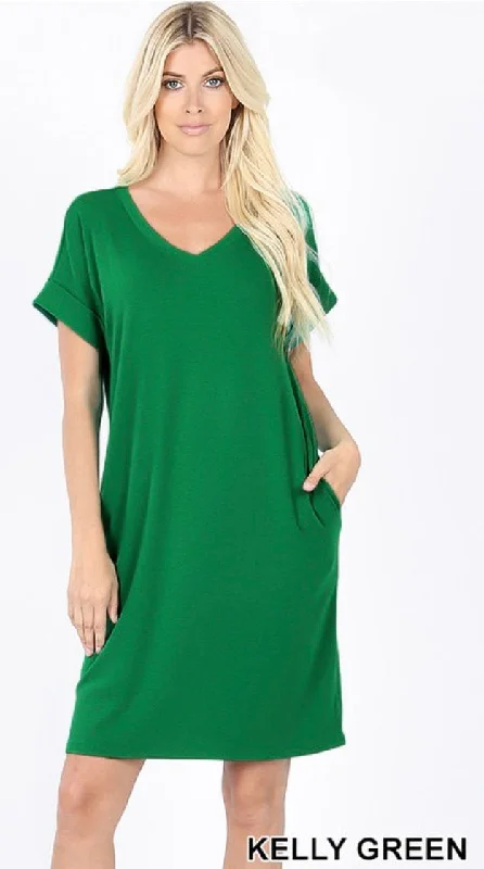 Green Short Sleeve T-shirt Dress-- Satin Fabric Silk Fabric Chiffon Fabric