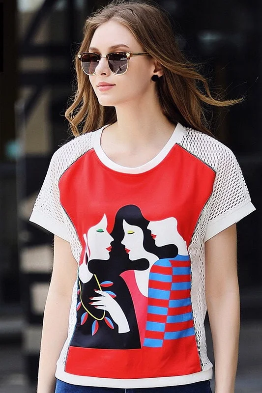Three Girls Print Mesh T-Shirt-- Ribbed Striped Patterned