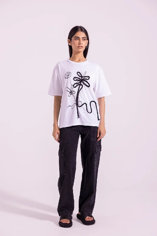 EMBROIDERED T-SHIRT (E1019/108/001)-- Collared T-Shirt Boat Neck A-Line