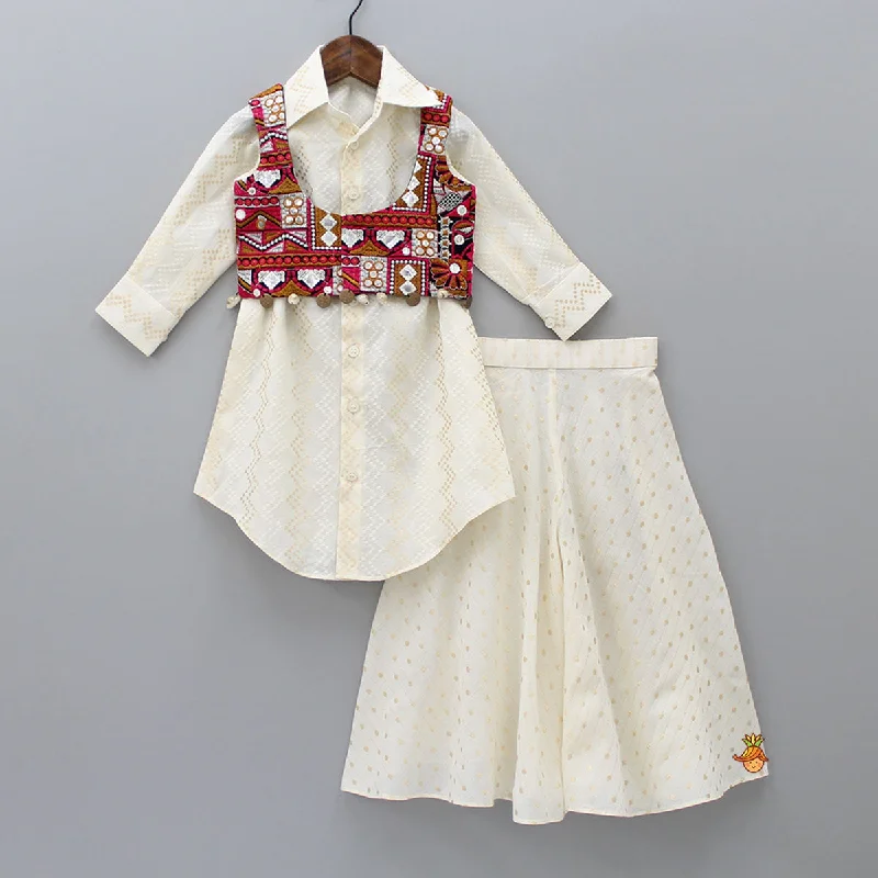 Pre Order: Thread Work Textured Shirt Style Kurti With Colurful Embroidered Crop Top And Flared Palazzo-- Spandex Blend Rayon Blend Denim Blend Pre Order: Thread Work Textured Shirt Style Kurti With Colurful Embroidered Crop Top And Flared Palazzo-- Spandex Blend Rayon Blend Denim Blend