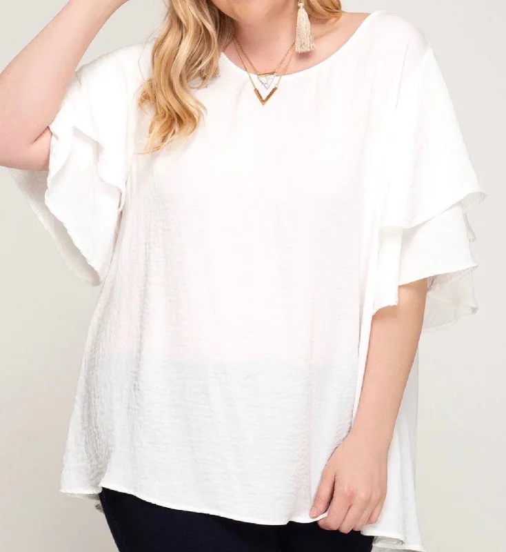 Plus ruffled sleeve shirt-- Knit Fabric Woven Fabric Fleece Fabric