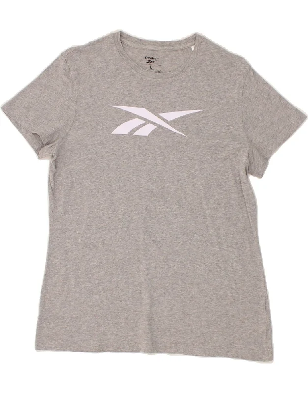 REEBOK Womens Graphic T-Shirt Top UK 16/18 Large Grey Cotton-- Solid Color Striped Floral