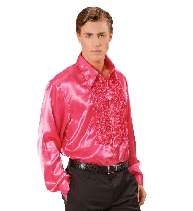 70's Disco Ruffle Satin Shirt Pink-- Cozy Warm Stylish