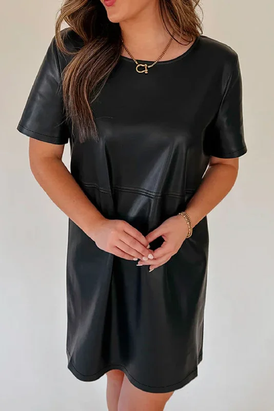 Black Faux Leather Loose T-shirt Dress-- Denim Fabric Leather Fabric Suede Fabric
