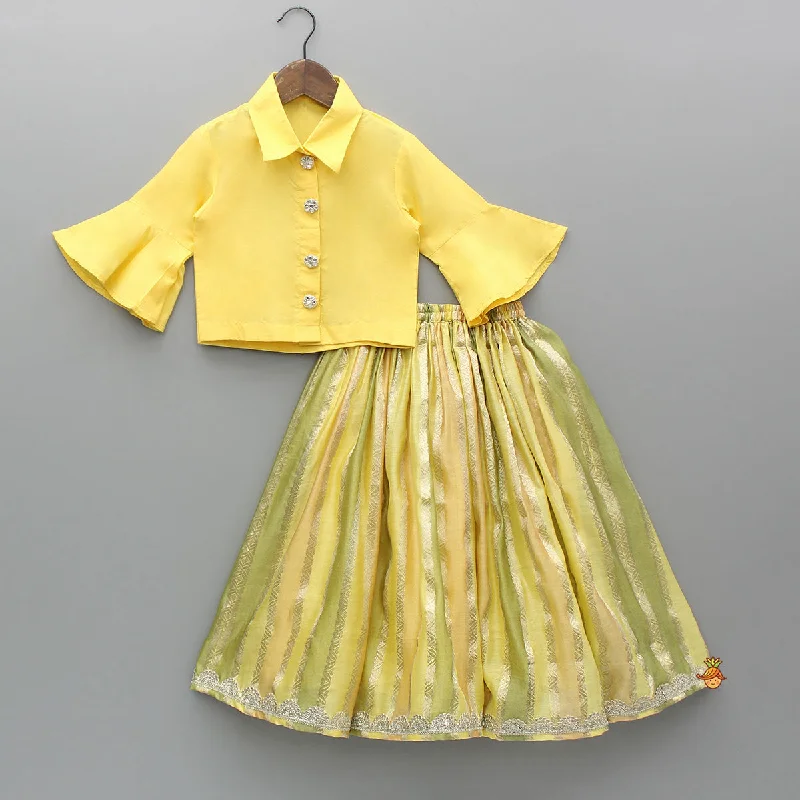 Pre Order: Yellow Shirt Style Top And Multicoloured Colour Blocked Lehenga-- Iron Safe Non-Iron Wrinkle Free