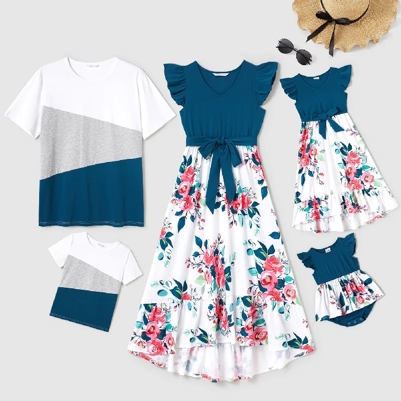 Family Matching Dress V Neck Flutter-sleeve Floral Print Dresses Colorblock T-shirts -- Basic T-Shirt Crew Neck Short Sleeve Family Matching Dress V Neck Flutter-sleeve Floral Print Dresses Colorblock T-shirts -- Basic T-Shirt Crew Neck Short Sleeve