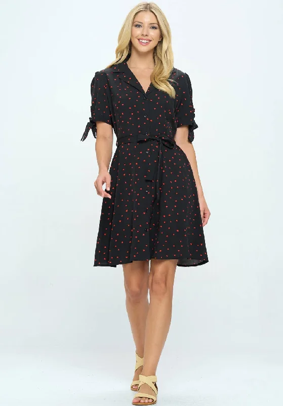 Black & Red Heart Dot Shirtwaist Dress-- Collared Crew Neck Turtle Neck