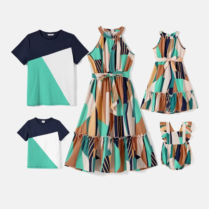 Family Matching Colorblock Sleeveless Belted Halter Dresses and T-shirts Sets-- Oversized T-Shirt Spandex breathable Family Matching Colorblock Sleeveless Belted Halter Dresses and T-shirts Sets-- Oversized T-Shirt Spandex breathable