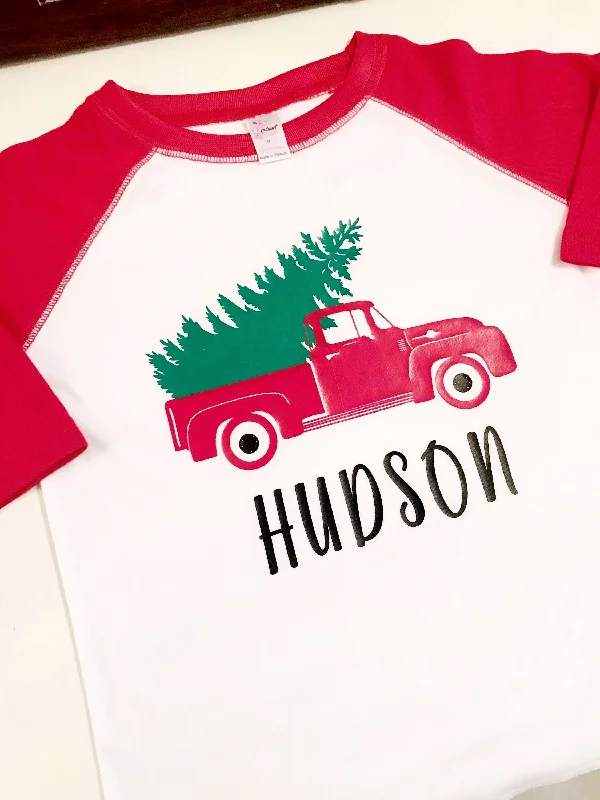 Christmas Tree in Vintage Truck Raglan Tee Shirt, Personalized with Name,White and Red-- Cashmere Blend Cotton Blend Poly Blend Christmas Tree in Vintage Truck Raglan Tee Shirt, Personalized with Name,White and Red-- Cashmere Blend Cotton Blend Poly Blend