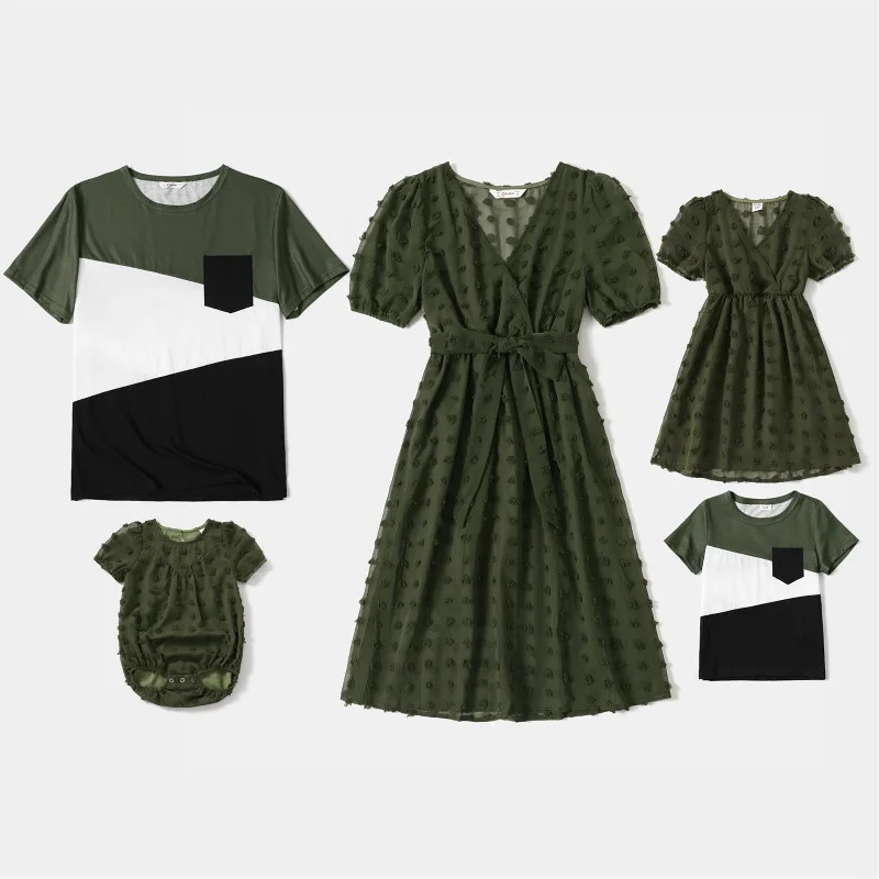 Family Matching Dress Army Green Swiss Dots Cross Wrap V Neck Short-sleeve Dresses and T-shirts-- Graphic T-Shirt Round Neck Polyester Family Matching Dress Army Green Swiss Dots Cross Wrap V Neck Short-sleeve Dresses and T-shirts-- Graphic T-Shirt Round Neck Polyester