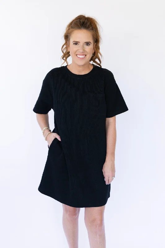 Curvy Fall Knit T-Shirt Dress - Black-- Mesh Canvas Denim