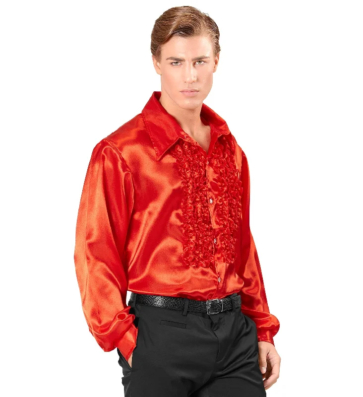 70's Disco Ruffle Satin Shirt Red-- Fashionable Trendy Casual