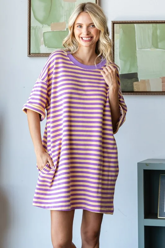 cue the colors striped t shirt dress - yellow + purple-- Zippered Buttoned Snapped