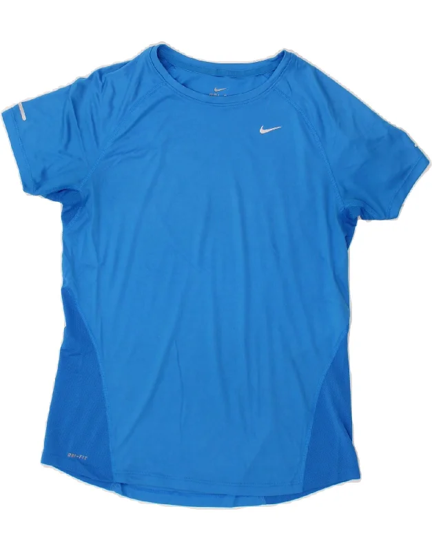 NIKE Womens Dri Fit T-Shirt Top UK 12 Medium Blue Colourblock-- Rayon Velvet Corduroy