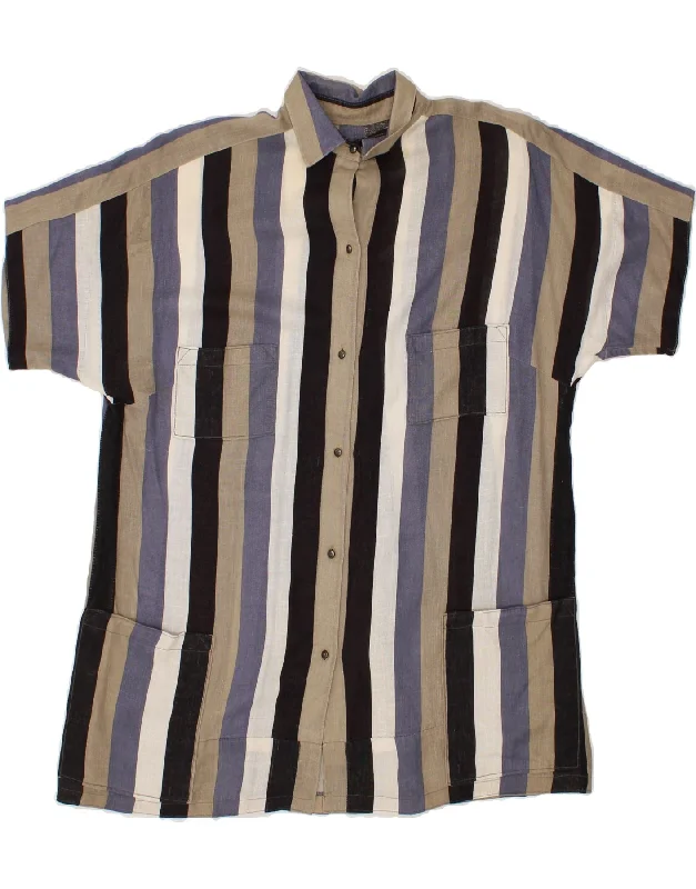 VINTAGE Womens Short Sleeve Shirt UK 14 Large Multicoloured Striped-- Cashmere Blend Cotton Blend Poly Blend