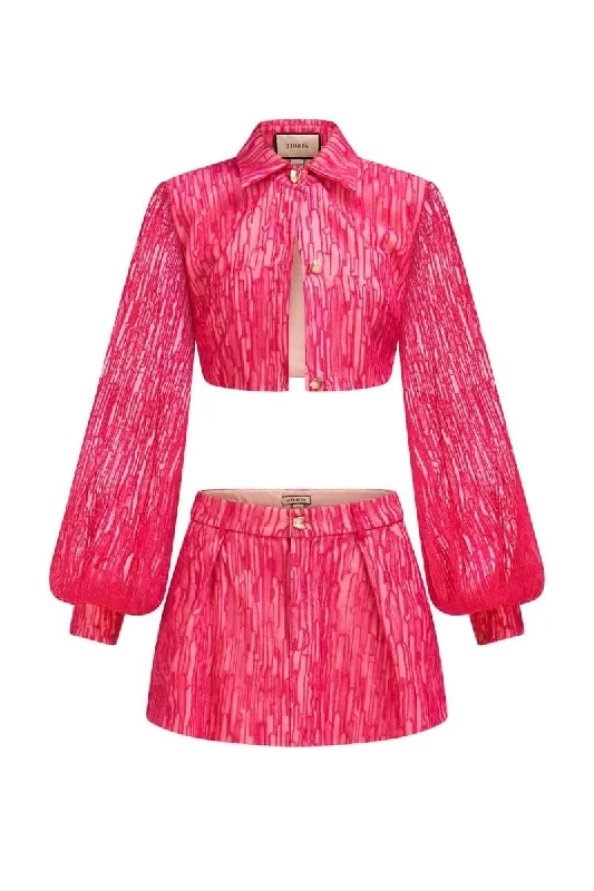 CARNELIAN CROPPED SHIRT AND MINI SKIRT SET-- Faux Fur Fabric Real Fur Fabric Shearling Fabric