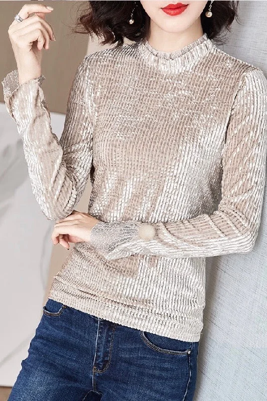 Velvet Shirt W/ Ruffle Detail-- Collared Crew Neck Turtle Neck