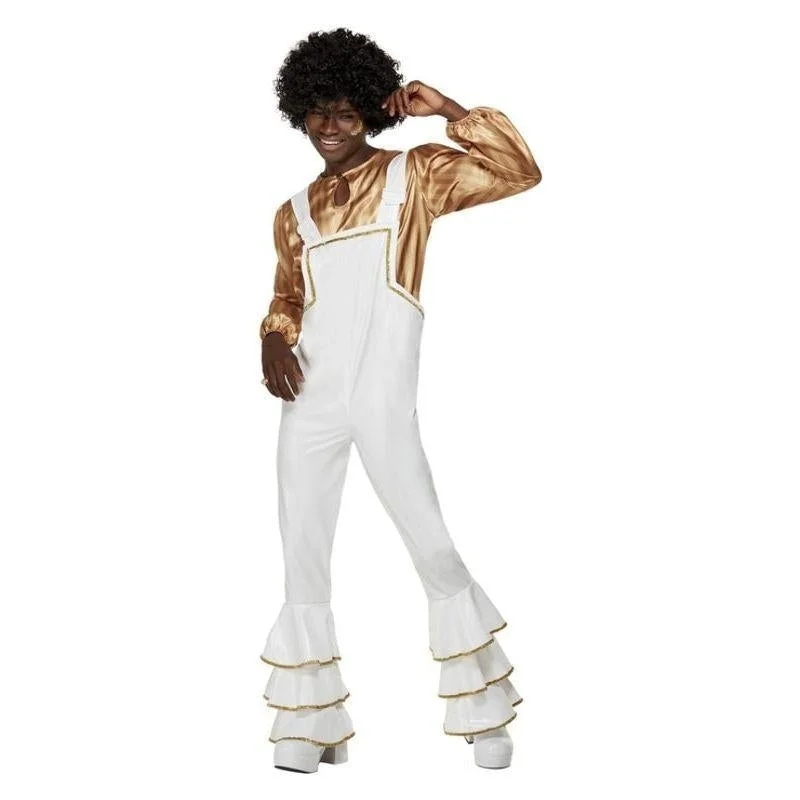 70s Glam Costume ABBA Adult White Gold Jumpsuit Shirt-- Welt Pockets Slit Pockets Flap Pockets