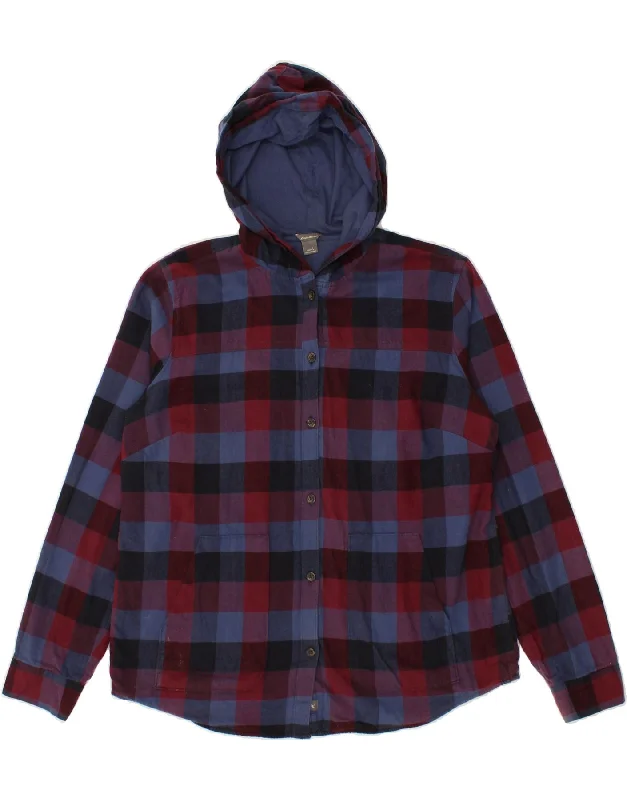 EDDIE BAUER Womens Hooded Shirt UK 16 Large Navy Blue Check Cotton-- Embroidered Appliqued Beaded