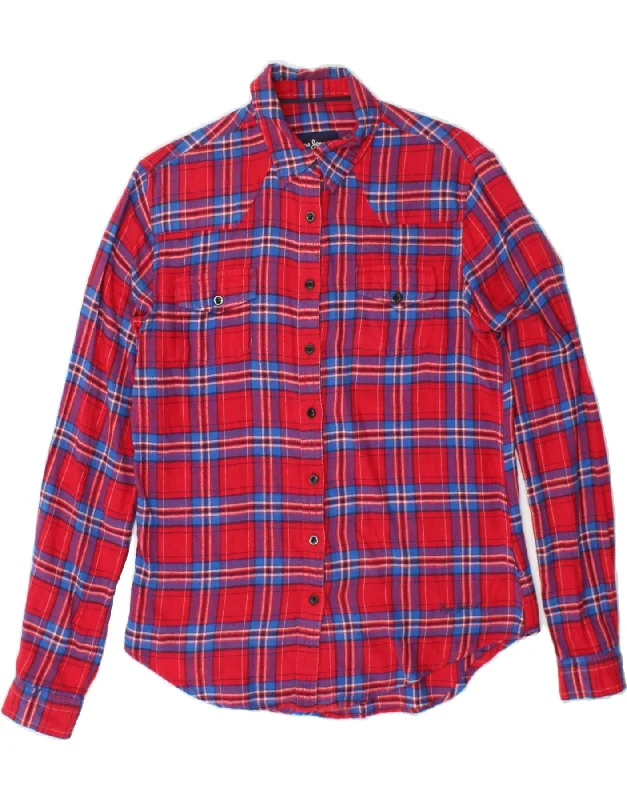 PEPE JEANS Womens Flannel Shirt UK 10 Small Red Check Cotton-- Collared T-Shirt Boat Neck A-Line