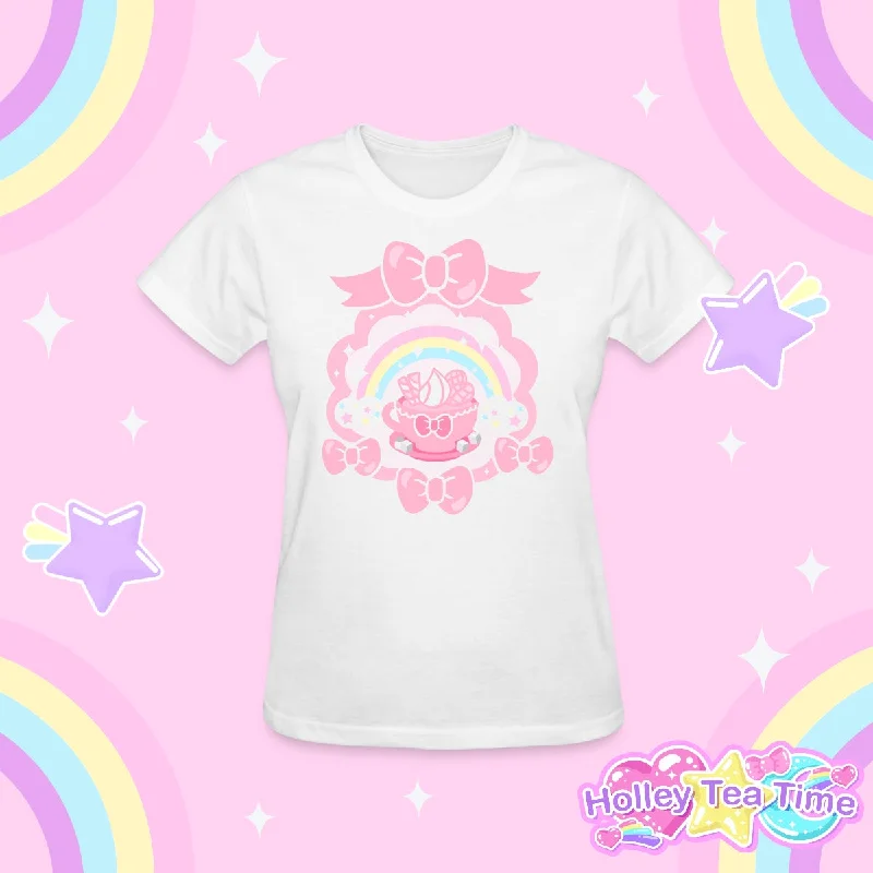 Teatime Fantasy Women's White Cotton T-Shirt-- Mesh Canvas Denim