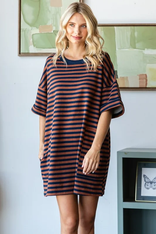 cue the colors striped t shirt dress - brick + navy-- Casual Formal Business