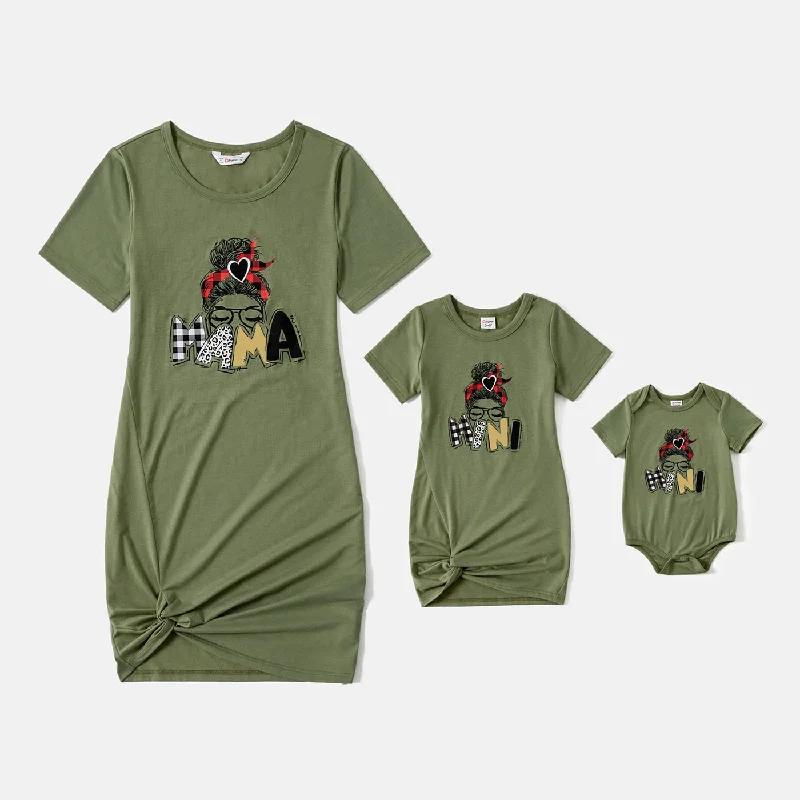 Mommy and Me Cotton Short-sleeve Letter Print Twist Knot Bodycon T-shirt Dresses-- Front Pockets Side Pockets Patch Pockets Mommy and Me Cotton Short-sleeve Letter Print Twist Knot Bodycon T-shirt Dresses-- Front Pockets Side Pockets Patch Pockets