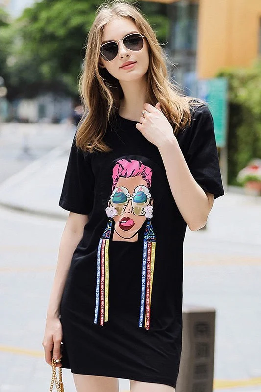 Cool Girl Print T-Shirt Dress-- Embroidered Appliqued Beaded