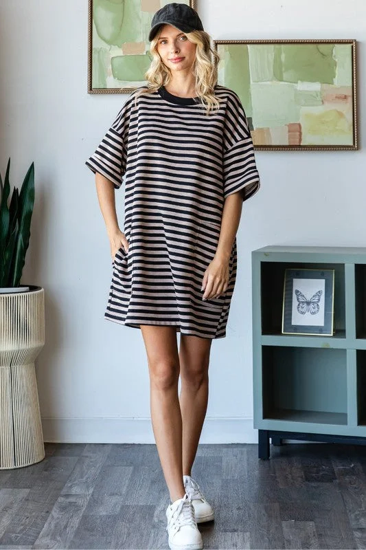 cue the colors striped t shirt dress - oatmeal + black-- Modern Contemporary Chic