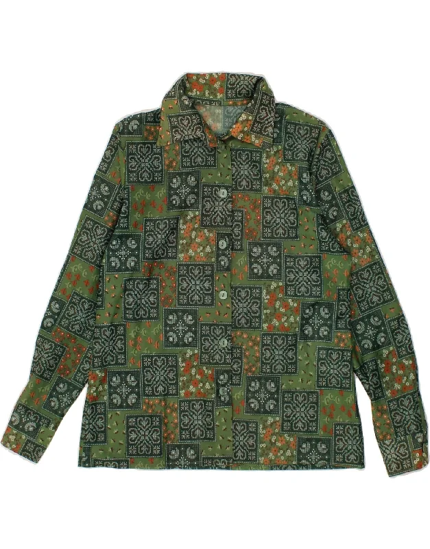 VINTAGE Womens Shirt Blouse UK 12 Medium Green Patchwork-- Collared T-Shirt Boat Neck A-Line