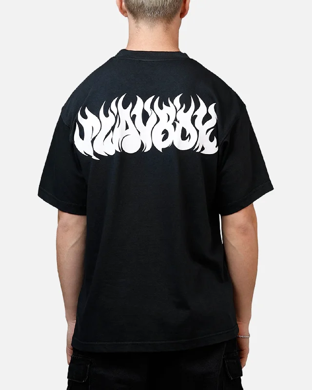 Playboy Flames 2.0 Boxy T-Shirt Black/White-- Wool Fabric Cashmere Fabric Tweed Fabric