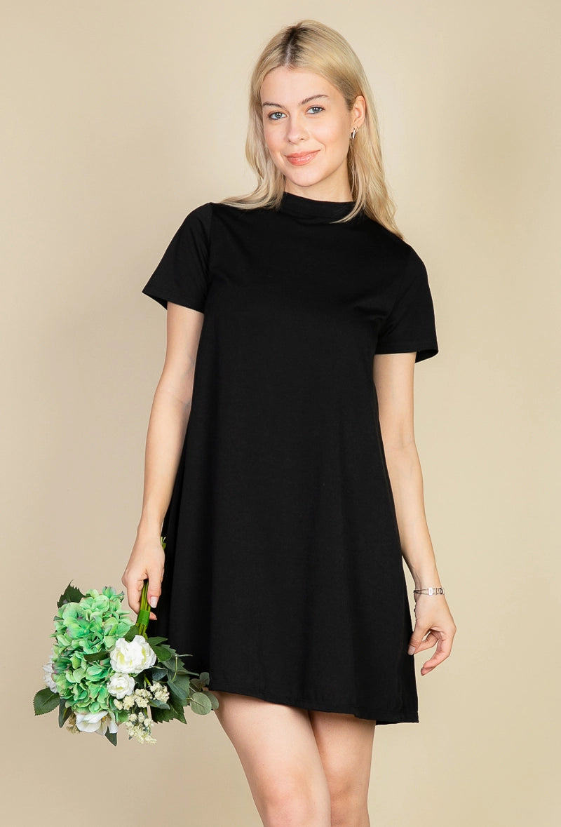 A-Line T-Shirt Dress in Black-- Print Jacquard Patchwork