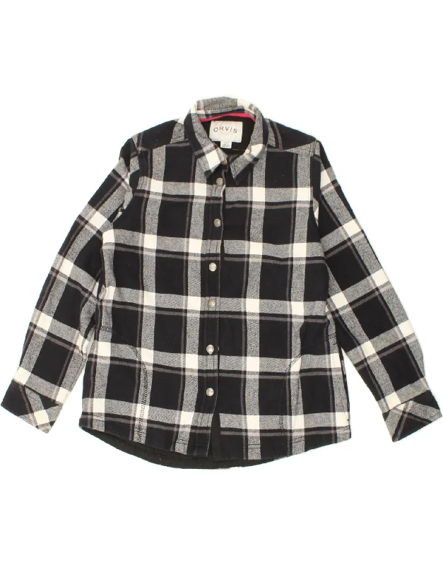 ORVIS Womens Flannel Shirt UK 10 Small Black Check Cotton-- Iron Safe Non-Iron Wrinkle Free