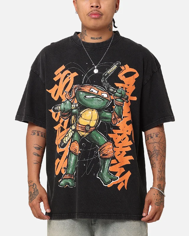 Goat Crew X Teenage Mutant Ninja Turtles Michelangelo X Sofles Vintage T-Shirt Black Acidwash-- Fleece Fabric Down Fabric Feather Fabric