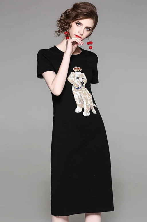Dog Embroidered T-Shirt Dress-- Boxy Fit Fitted Loose