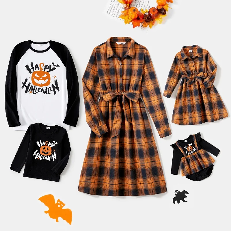 Halloween Family Matching Dress Plaid Long-sleeve Front Button Plaid Dresses and Pumpkin Graphic T-shirts Sets-- Thin T-Shirt Open Front Quick Dry Halloween Family Matching Dress Plaid Long-sleeve Front Button Plaid Dresses and Pumpkin Graphic T-shirts Sets-- Thin T-Shirt Open Front Quick Dry