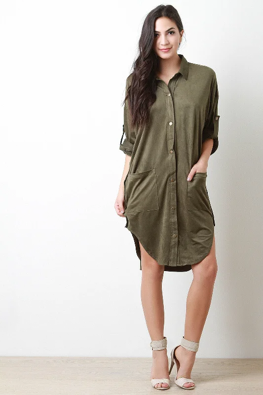 Button Up Vegan Suede Pocket Shirt Dress-- Knit Fabric Woven Fabric Fleece Fabric