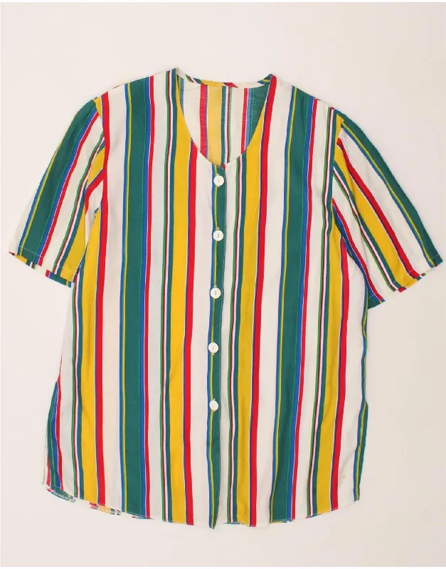VINTAGE Womens Shirt Blouse UK 14 Medium Multicoloured Striped-- Graphic Embroidered Appliqued