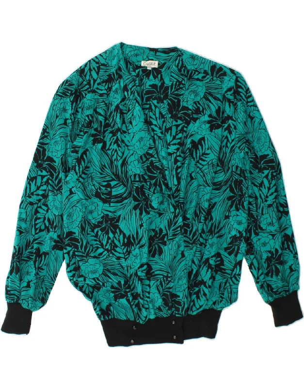 VINTAGE Womens Shirt Blouse IT 44 Medium Turquoise Floral Silk -- Basic T-Shirt Crew Neck Short Sleeve