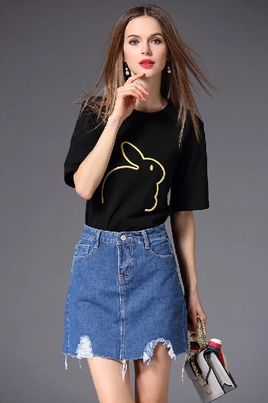 Bunny Embroidered T-Shirt-- Satin Blend Silk Blend Wool Blend