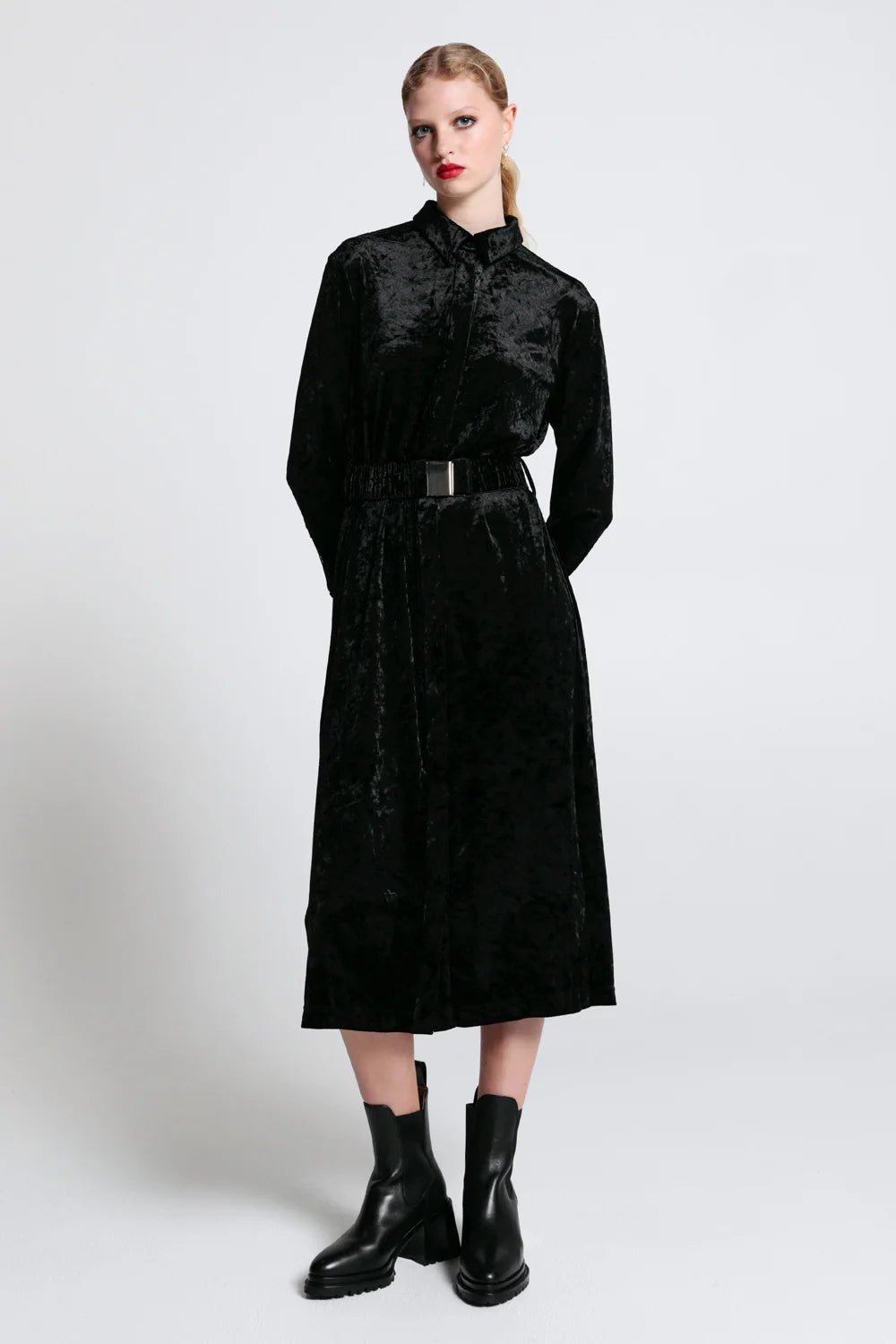 Electric Velvet Shirt Dress | Black-- Zippered Front Buttoned Front Snap Front