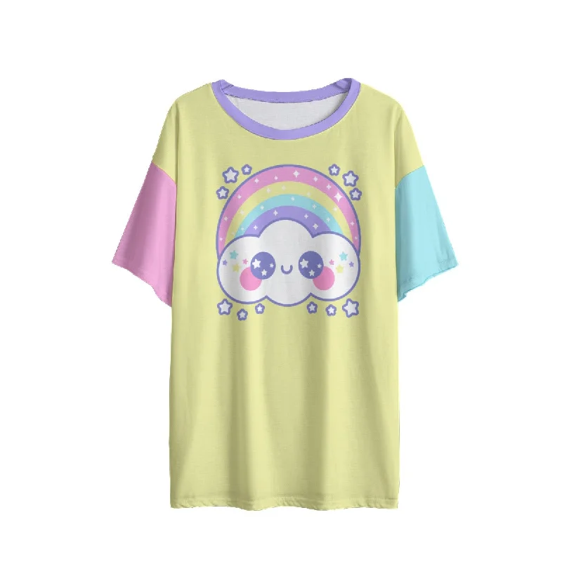 Happy Rainbow Cloud Yellow Women's Drop Shoulder T-Shirt-- Oversized T-Shirt Spandex breathable Happy Rainbow Cloud Yellow Women's Drop Shoulder T-Shirt-- Oversized T-Shirt Spandex breathable