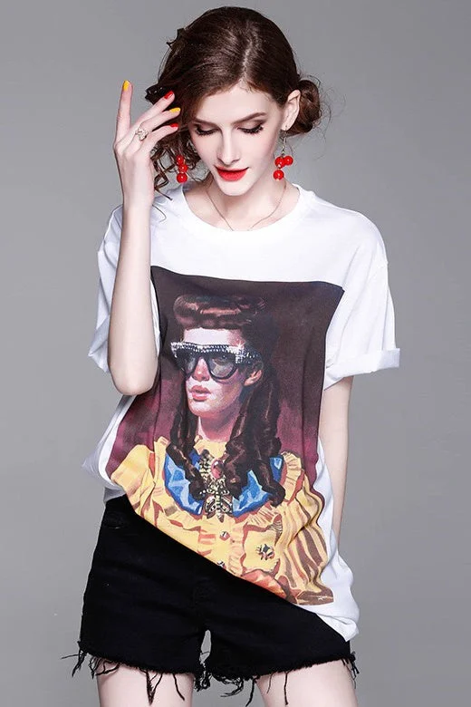 Oversized Printed T-Shirt-- Spandex Blend Rayon Blend Denim Blend