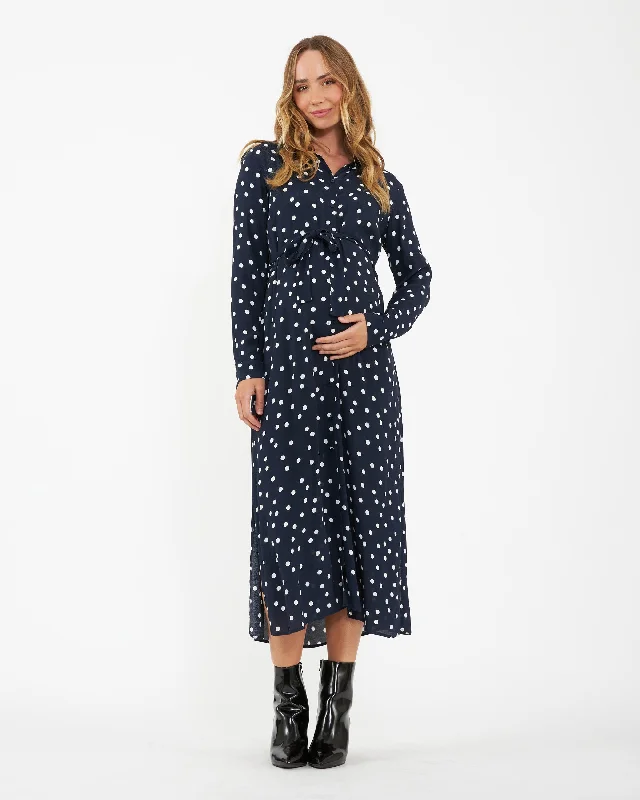 Spot Shirt Dress  Navy / White-- Mesh Fabric Canvas Fabric Denim Fabric