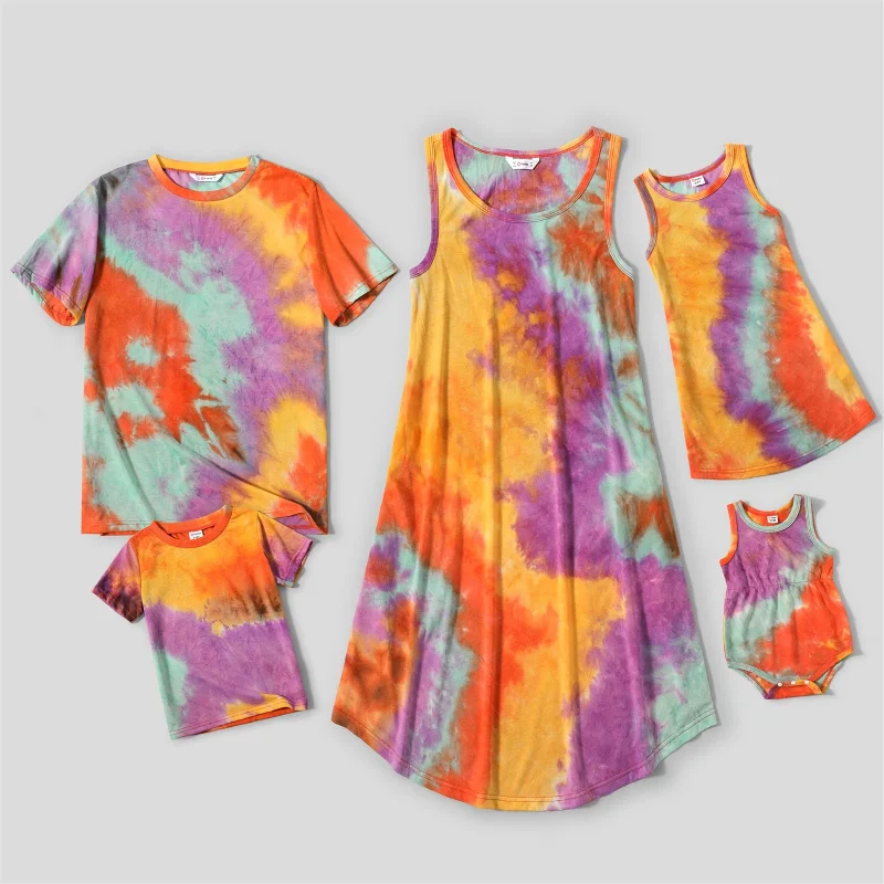 Family Matching Tie Dye Sleeveless Tank Dresses and Short-sleeve T-shirts Sets-- Welt Pockets Slit Pockets Family Matching Tie Dye Sleeveless Tank Dresses and Short-sleeve T-shirts Sets-- Welt Pockets Slit Pockets