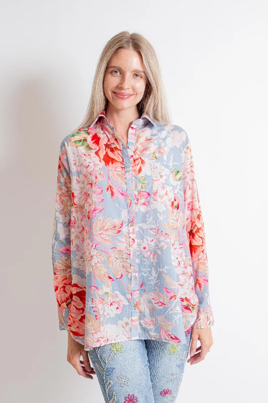 "Ana" Blue/ Pink Floral Shirt-- Fleece Fabric Down Fabric Feather Fabric